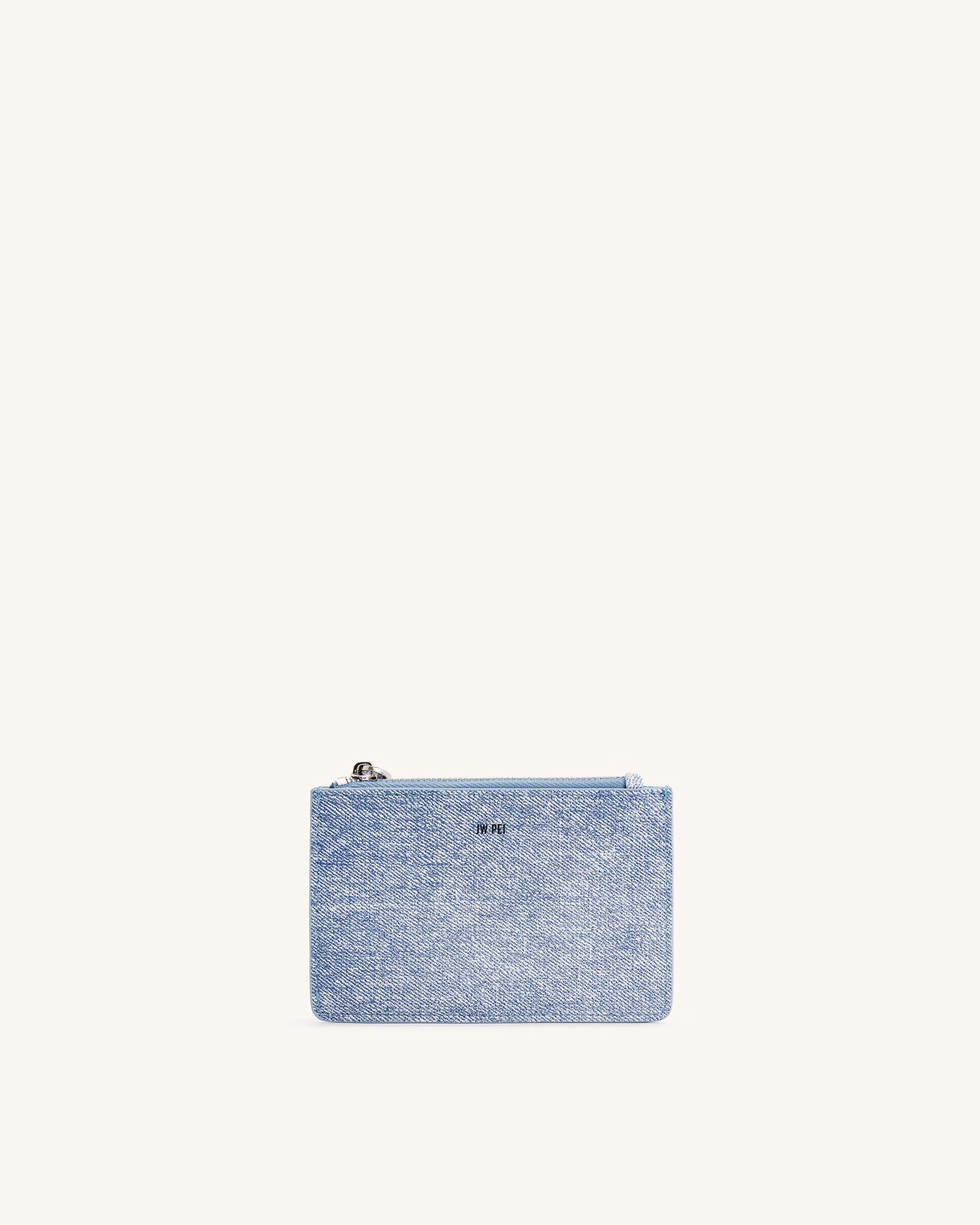 Quinn Porta Carte con Zip in Denim Stampato - Blu