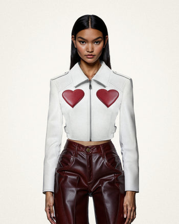 Sophie Cropped Leather Jacket - Bianco e Rosso