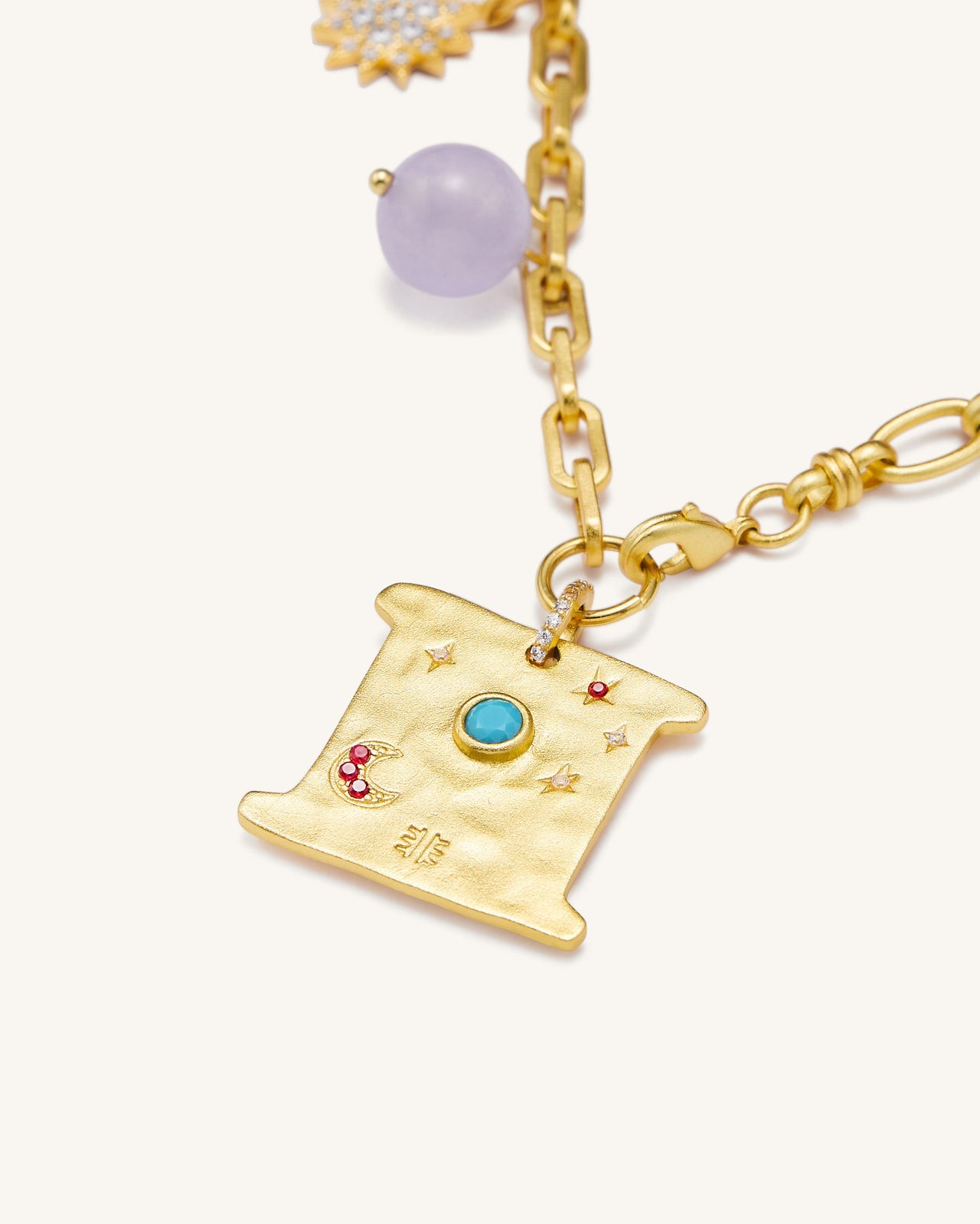 Collana Cosmos Square Multi Charm - Placcato oro 18 ct & Turchese e Zirconi Multicolori e Perline Viola