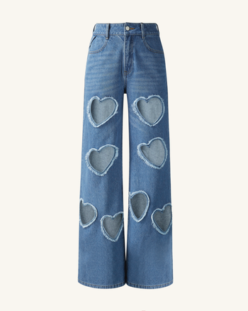 Jeans in Denim con Cuore Intagliato e Decorazioni Sophia - Blu Medio