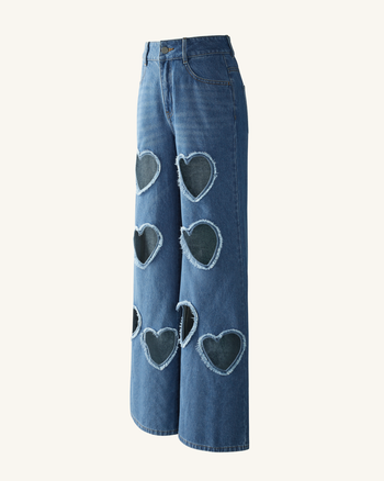 Jeans in Denim con Cuore Intagliato e Decorazioni Sophia - Blu Medio