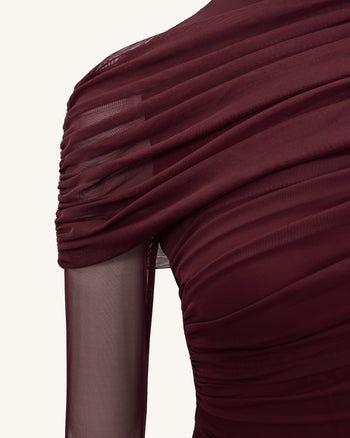 Ella Sheer Ruched Turtleneck Top - Bordeaux