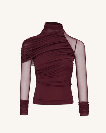 Ella Sheer Ruched Turtleneck Top - Bordeaux